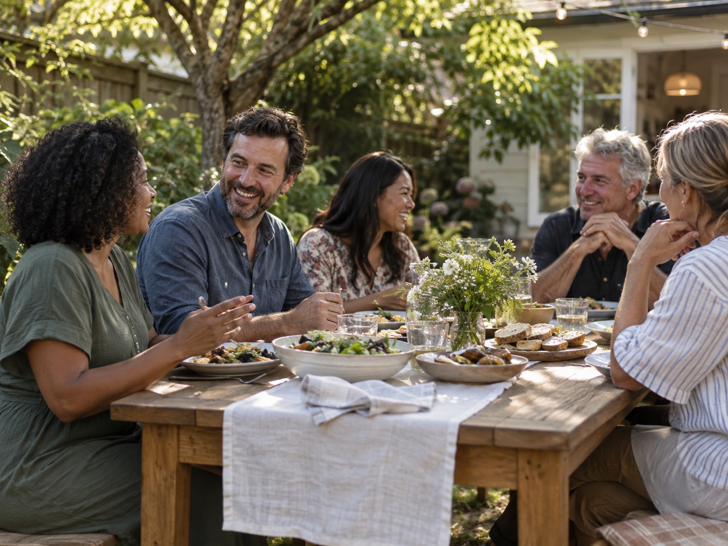Friends enjoying a relaxed meal together outdoors.